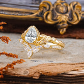 Nature-Inspired 3-Prong Oval-Cut Lab Diamond Engagement Ring Set with Vine Accents